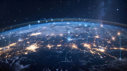 a glimmering network connects cities on illuminated earth.visibility, connectivity, global communication key components. generative ai