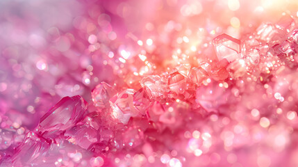 Background with pink crystals. Pink glass crystals with reflections of light. Abstract background with bokeh effect. AI generative