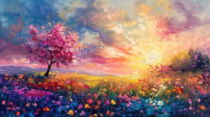  Field of colorful wildflowers and cherry blossom trees at sunrise painted with oil paints. Colors of rainbow.