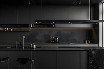 sleek black kitchen design exudes minimalistic sophistication and elegance. generative ai