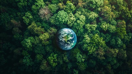 Aerial View of Dense Green Forest with a Floating Earth Globe in the Center, Symbolizing Environmental Conservation and Global Unity