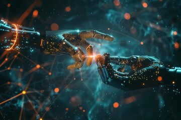 Hands of robot touching big data of global network connection. Science and artificial intelligence digital technologies of futuristic.