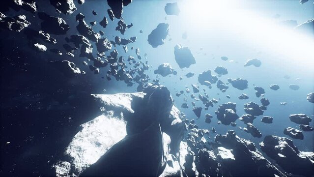 cinematic flight through dark deep space asteroid field with stars
