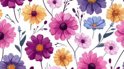 Vibrant Floral Pattern with Colorful Blossoms and Leaves on a White Background - Perfect for Fabric, Wallpaper, and Decorative Design Projects