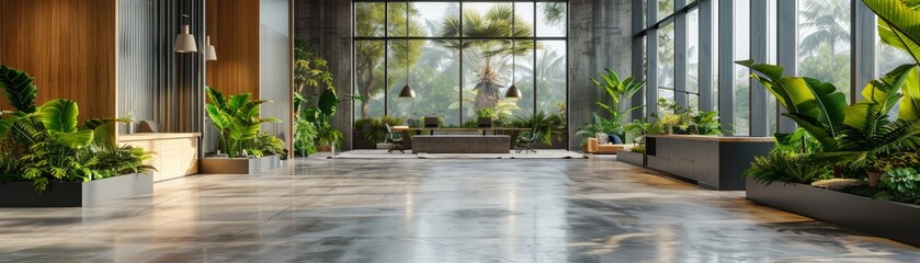 Fototapeta premium Modern Luxurious Lobby with Greenery and Large Windows, Contemporary Interior Design with Natural Light and Plants