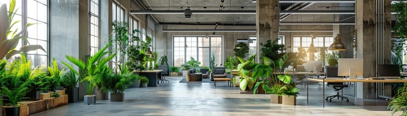 Fototapeta premium Modern Industrial Office Space with Green Plants and Natural Light, Open Concept Workspace, Contemporary Interior Design, Eco-Friendly Environment, Urban Office Setting