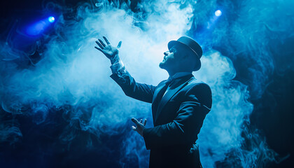 Obraz premium magician or illusionist shows a magic trick. Blue stage light in the background
