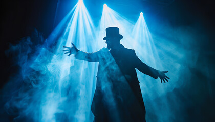 magician or illusionist shows a magic trick. Blue stage light in the background