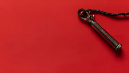 One metal whistle with cord on red background, top view. Space for text