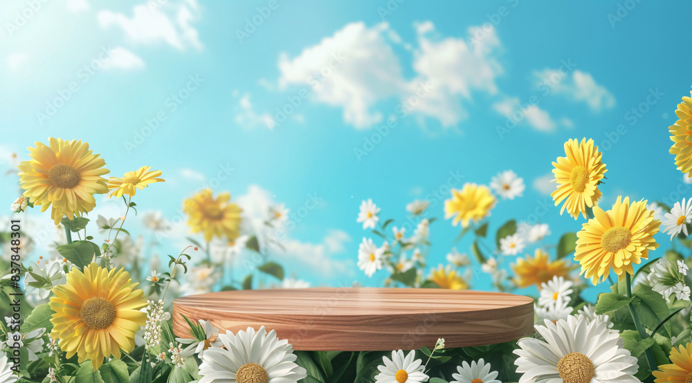 Wall mural a bright summer sky backdrop and chamomile , elegant and natural podium with summer stage display mo