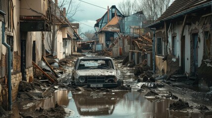  Flooded village with a damaged car, damaged houses, rubble and mud on the street