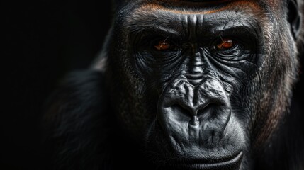 Naklejka premium Portrait of a strong male black gorilla face isolated on black background. AI generated