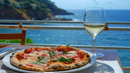 Pizza and a glass of wine are on a table in a cafe against the backdrop of the sea