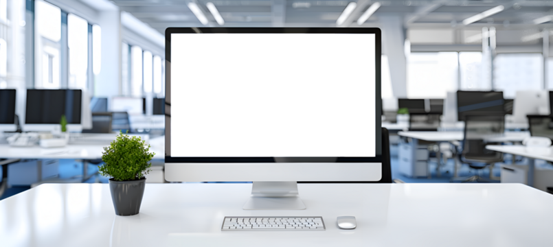 The modern office interior features a sleek, minimalist design accentuated by advanced LED lighting, creating an environment that is both inviting and highly functional. The white display walls serve 