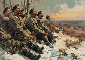 Russian officers observing the burning of Moscow