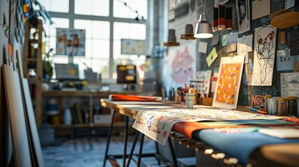 Creative designer's workspace with vibrant fabric designs