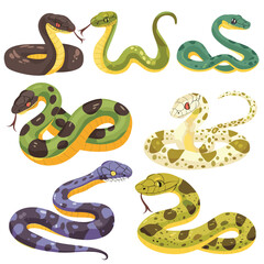 Naklejka premium Collection cartoon snakes, variety species, colorful reptiles, friendly snake characters, flat design. Set serpents different patterns, isolated white background, cute snake illustrations. Various
