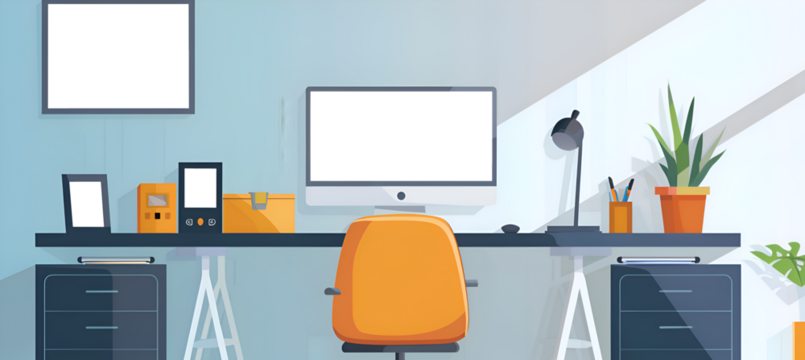 The modern office interior features a sleek, minimalist design accentuated by advanced LED lighting, creating an environment that is both inviting and highly functional. The white display walls serve 