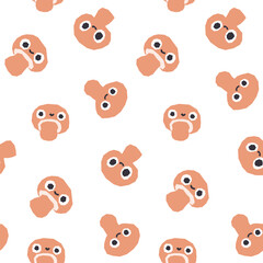 PrintCute vegetables seamless pattern. Vector cartoon childich background with smiling vege characters. champignon mushrooms on a white background.