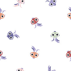 Cute vegetables seamless pattern. Vector cartoon childich background with smiling vege characters. Colorfull kohlrabi on a white background.