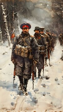 Russian soldiers on the march in winter uniform, 1914-1917