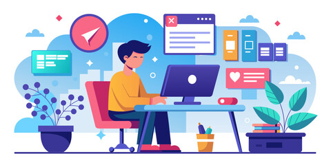 a person is sitting at a computer vector illustration

