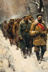 A group of soldiers wearing winter gear march through the snow during World War I