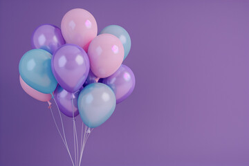 A bunch of pastel colors balloons on the purple  background. Birthday balloons.  Celebration balloons.