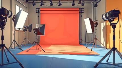Professional photo studio with orange backdrop and lighting equipment setup
