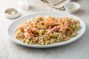 Hot smoked salmon with quinoa and red onion