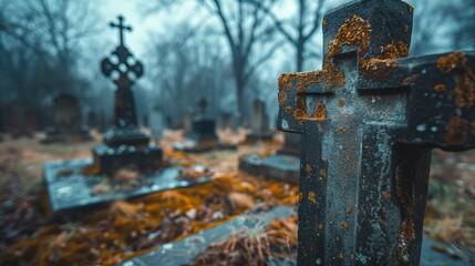 Misty cemetery with weathered gravestones covered in moss, creating an eerie and atmospheric mood. Autumn leaves scattered on the ground.