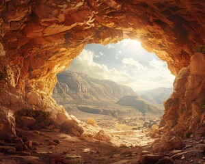 Scenic view from inside a rocky cave overlooking a sunlit valley and distant mountains under a partly cloudy sky.