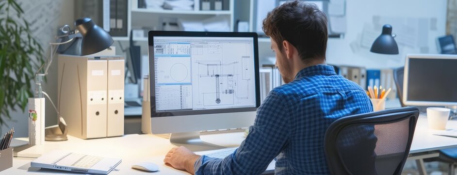 Professional Engineer Designing Blueprint on Computer