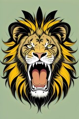 Obraz premium a cartoon fierce, angry, lion, mascot, t-shirt design, \illustration, wild, animal, mane, roar, claws, teeth, predator, savannah, nature, aggressive, strong, powerful, golden, character, vector