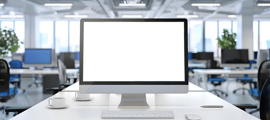 Fototapeta premium Central desktop computer displays white screen in a large, bright, modern open-plan office setting.