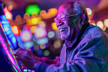Fototapeta premium An elderly African American man with a contagious laugh enjoys his time at the colorful slot machines in a casino.