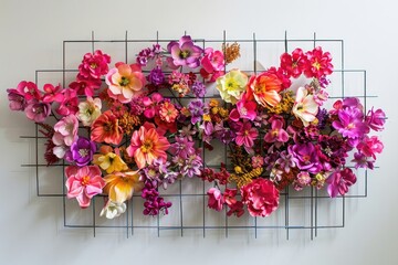 A minimalist wall-mounted panel featuring a geometric arrangement of metal wire structures, adorned with vibrant artificial flowers in shades of pink, purple, and yellow, adding a pop of color to a co