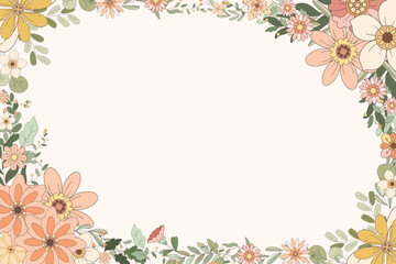 Hand Drawn Groovy Retro Flower Frame Background