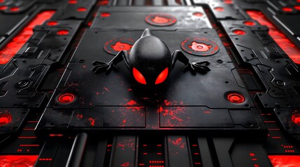 Alien lizard with red eyes on high-tech surface