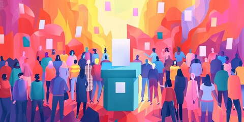 A vibrant artwork portrays a diverse crowd near a voting box, symbolizing democracy, unity, and civic engagement, promoting togetherness and equality