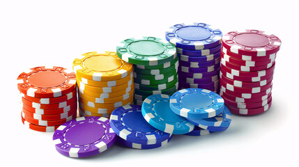 Elegant stack of colorful poker chips on a white background, symbolizing gambling and entertainment