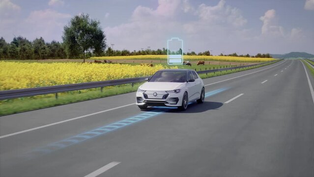 Generic autonomous electric car charges while driving along highway through countryside. Graphic overlays visualize the charging process. Decarbonization and wireless electric charging road concept