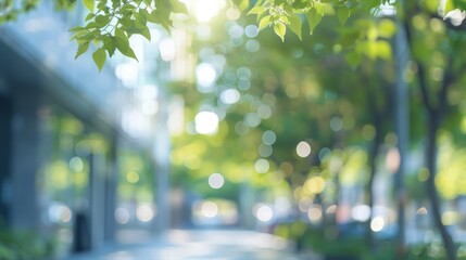 Green city park bokeh background. Blurred background of city park with green trees and sunlight bokeh, perfect for nature and urban lifestyle themes.