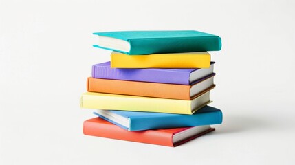 Stack of colorful books on a clean white background.