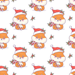  Christmas seamless pattern with  hamster rodent  in Santa hat