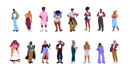 Different stylish african american people set. Black men and women wearing fashion clothes stand. Happy person in trendy outfit, modern look. Flat isolated vector illustrations on white background
