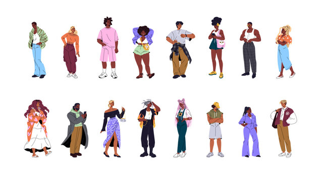 Different stylish african american people set. Black men and women wearing fashion clothes stand. Happy person in trendy outfit, modern look. Flat isolated vector illustrations on white background