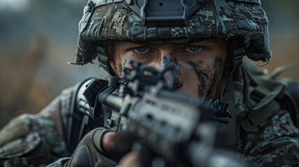 Frontline battle with a commando in military camouflage, ready for engagement