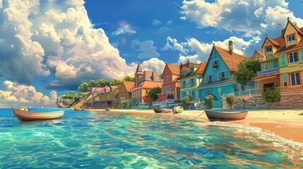 Summer village by the sea, sandy beaches, colorful cottages, boats, vibrant sky, calm waves, digital art, panoramic view, tranquil and inviting