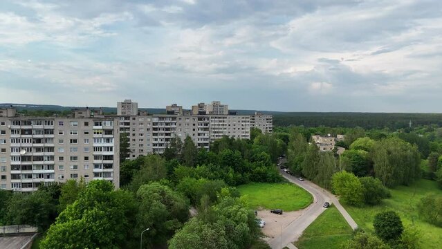 Aerial View of Soviet-Style Residential Blocks in Vilnius, Lithuania - Amidst Lush Greenery and Natural Landscape
